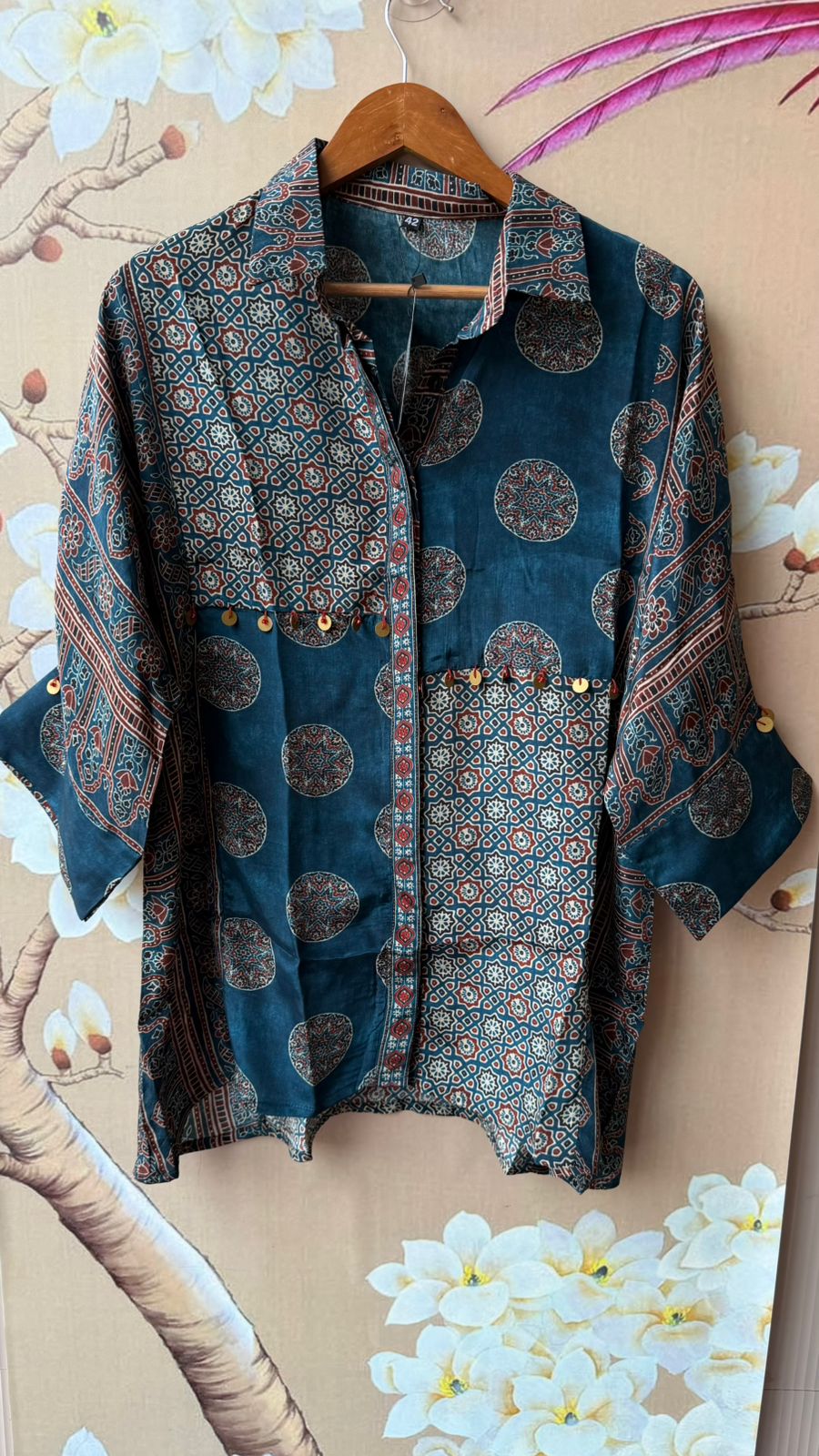 Blue ajrakh crepe silk shirt with coin detailing
