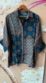 Blue ajrakh crepe silk shirt with coin detailing