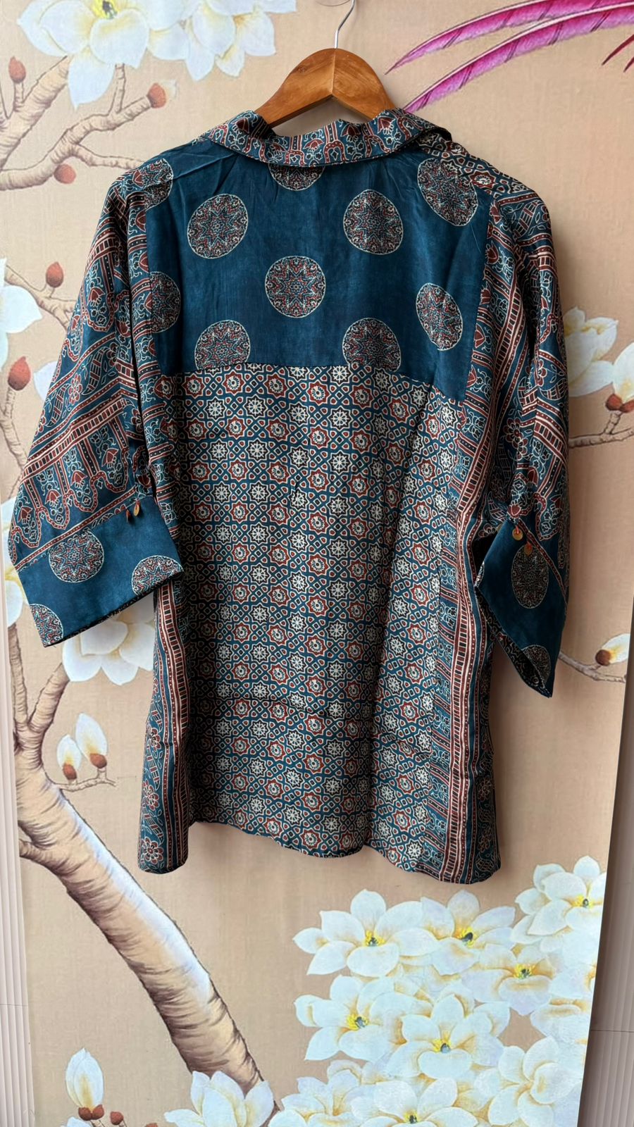 Blue ajrakh crepe silk shirt with coin detailing