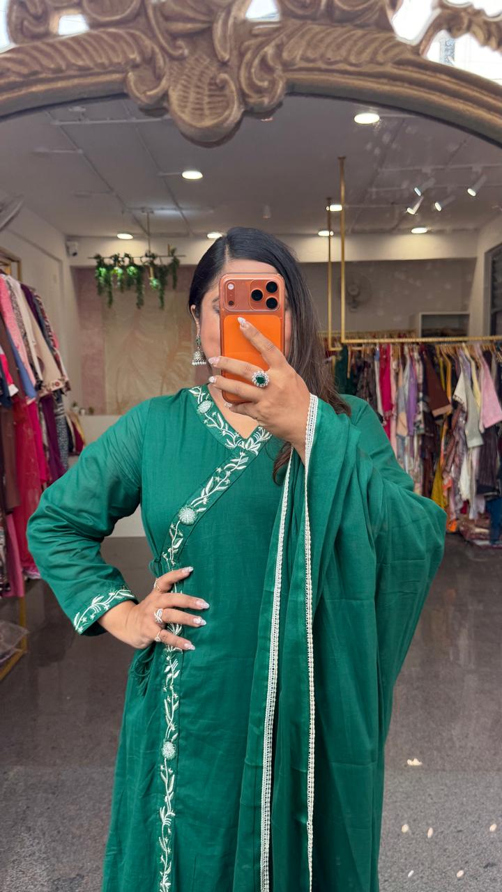 Super soft Mul cotton angrakha full suit set in green
