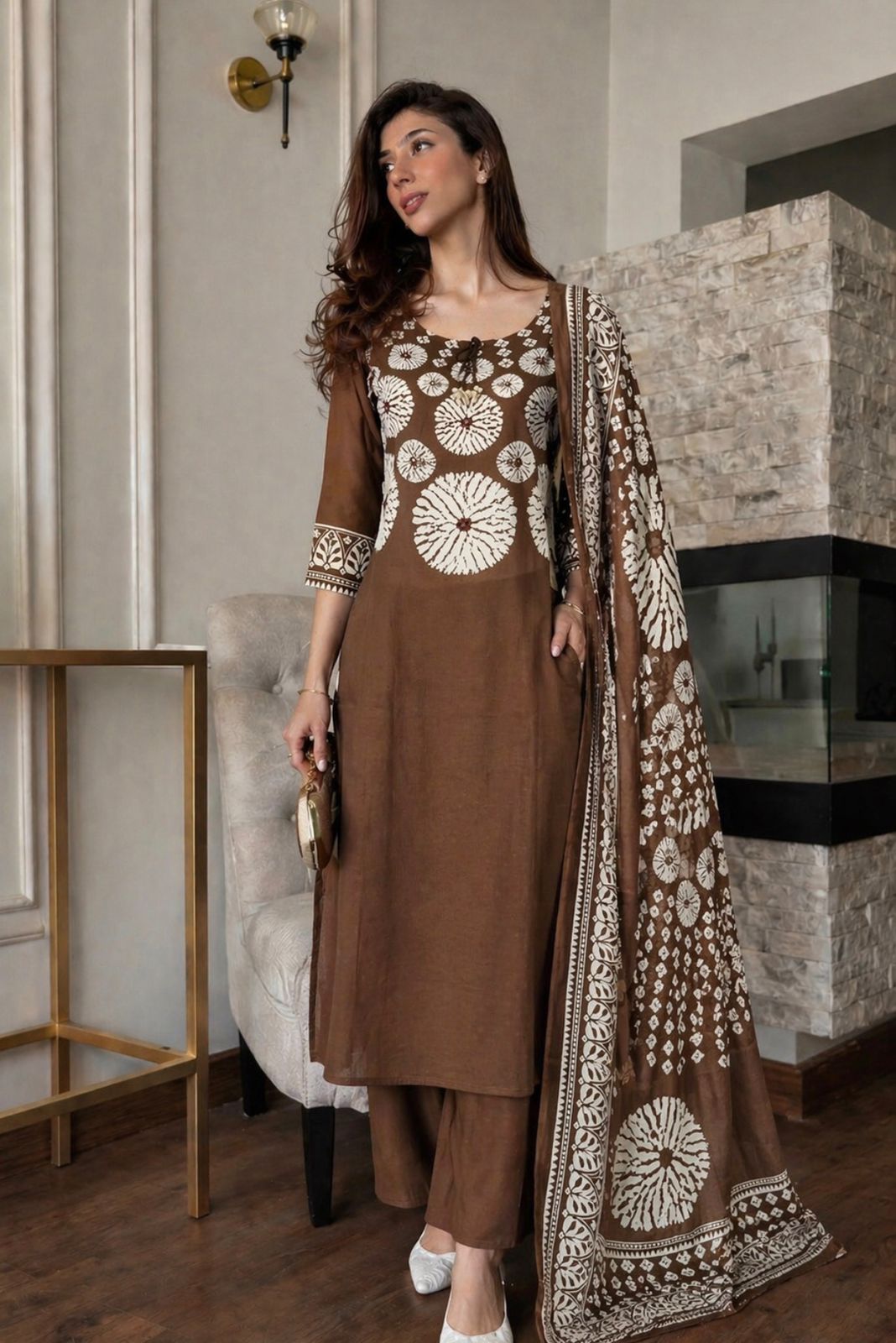 Shobori print cotton suit set in brown