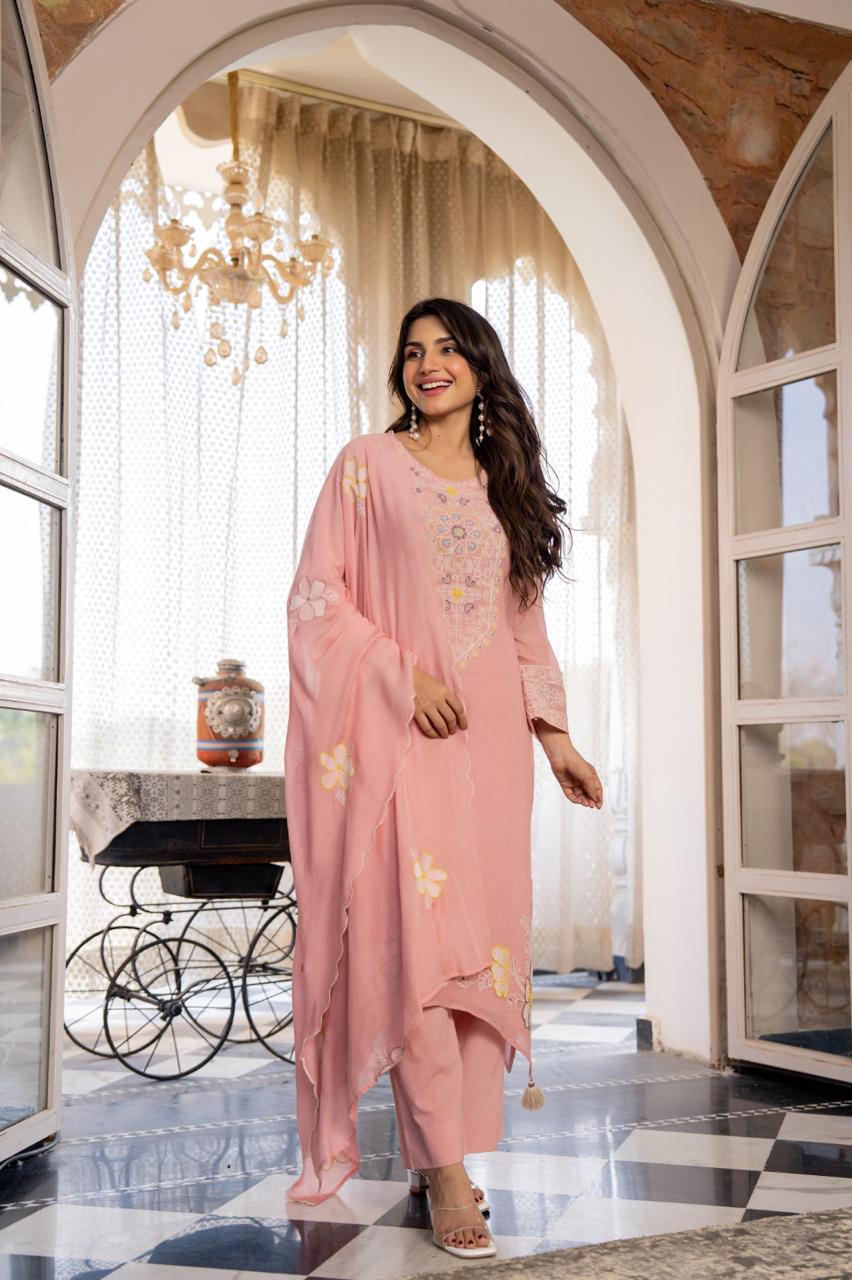Super Pinteresty Mul Chanderi embroidered cotton suit set in pink