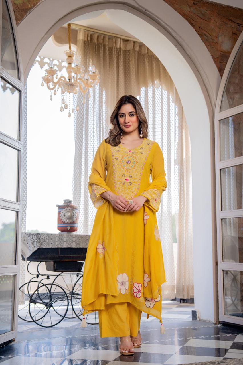Super Pinteresty Mul Chanderi embroidered cotton suit set in yellow