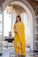 Super Pinteresty Mul Chanderi embroidered cotton suit set in yellow