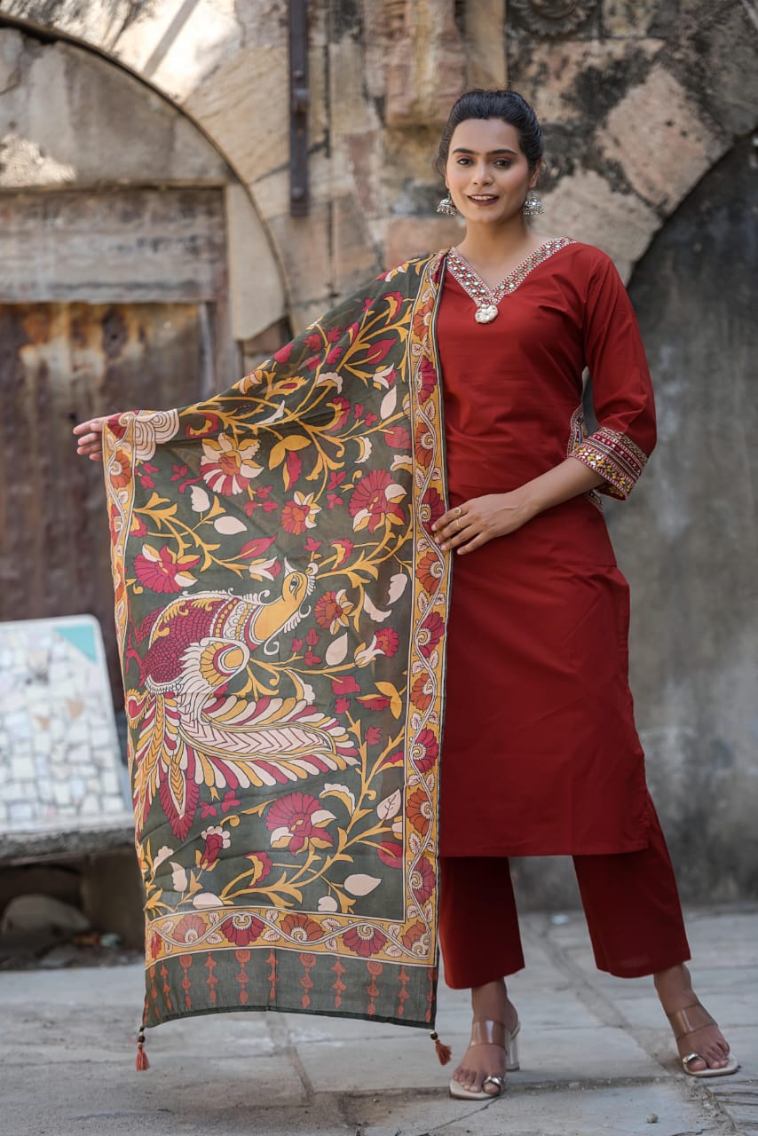 Pretty Kalamkari dupatta paired with real mirror detailing kurta set in red