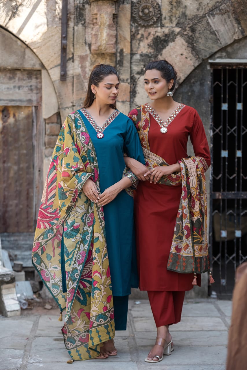 Pretty Kalamkari dupatta paired with real mirror detailing kurta set in red