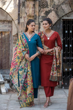 Pretty Kalamkari dupatta paired with real mirror detailing kurta set in red