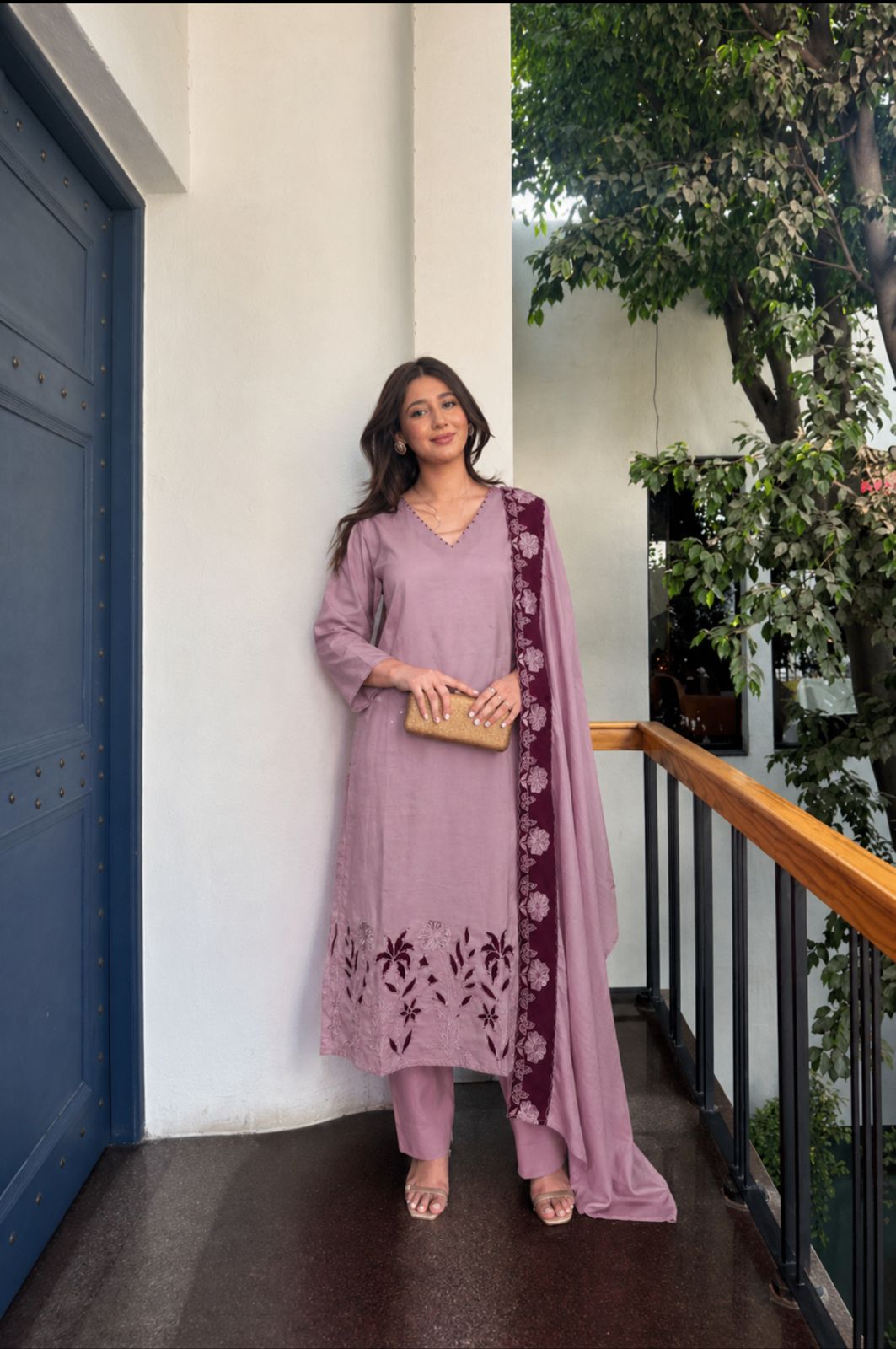 Heavy applique work cotton suit set in purple
