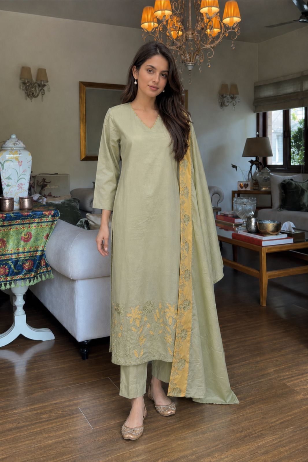Heavy applique work cotton suit set in green