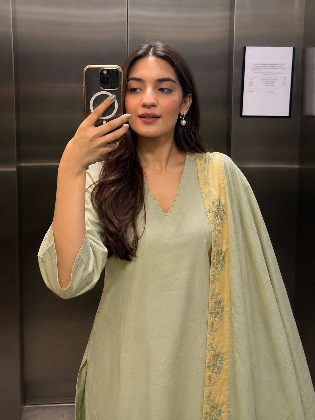 Heavy applique work cotton suit set in green