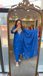 Premium Mul cotton fully embroidered with zari detailing royal blue suit set