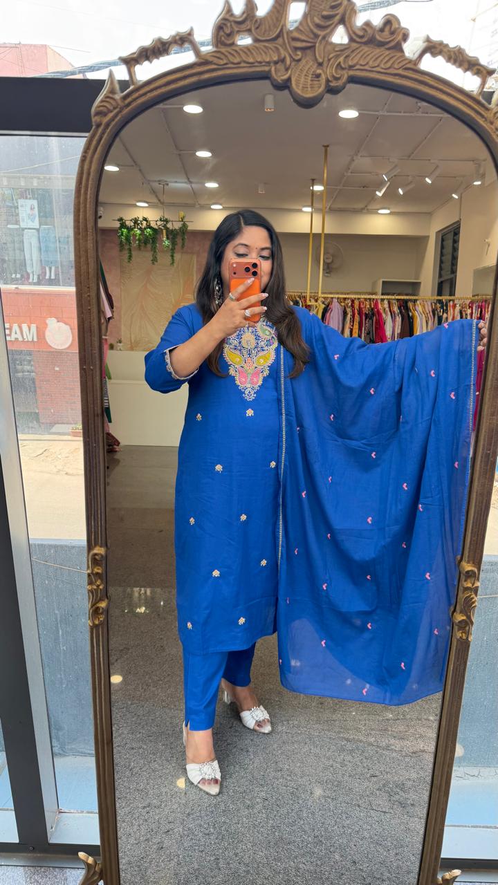 Premium Mul cotton fully embroidered with zari detailing royal blue suit set