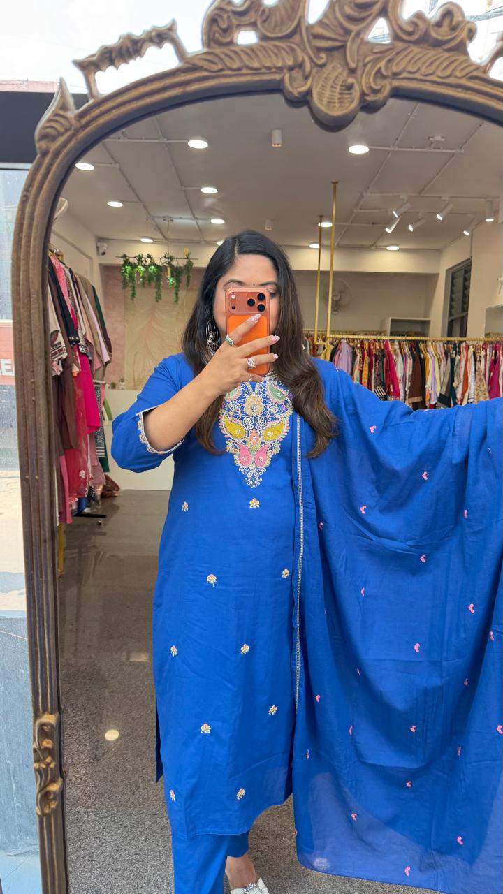 Premium Mul cotton fully embroidered with zari detailing royal blue suit set