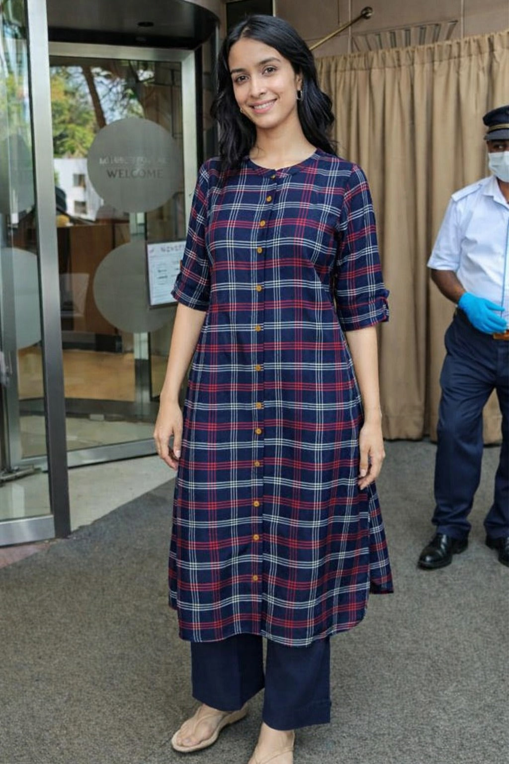 Chequered cotton kurta pant in purple
