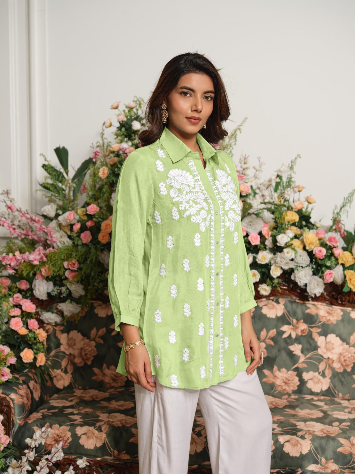 Pure softest muslin chikankari shirt in green