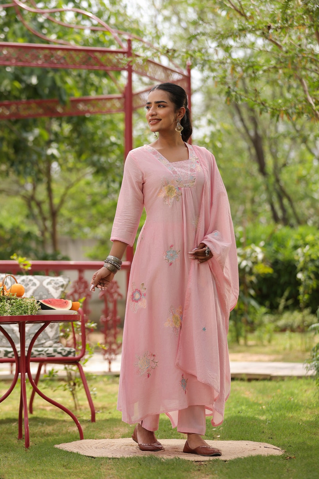 Pure Mul cotton fully embroidered in baby pink