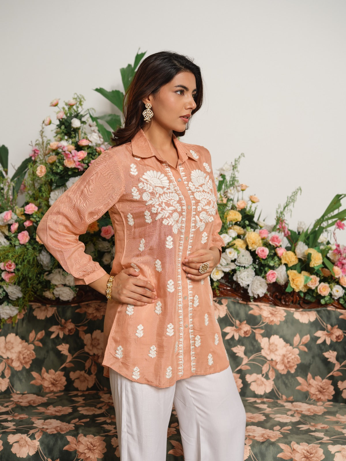 Pure softest muslin chikankari shirt in peach