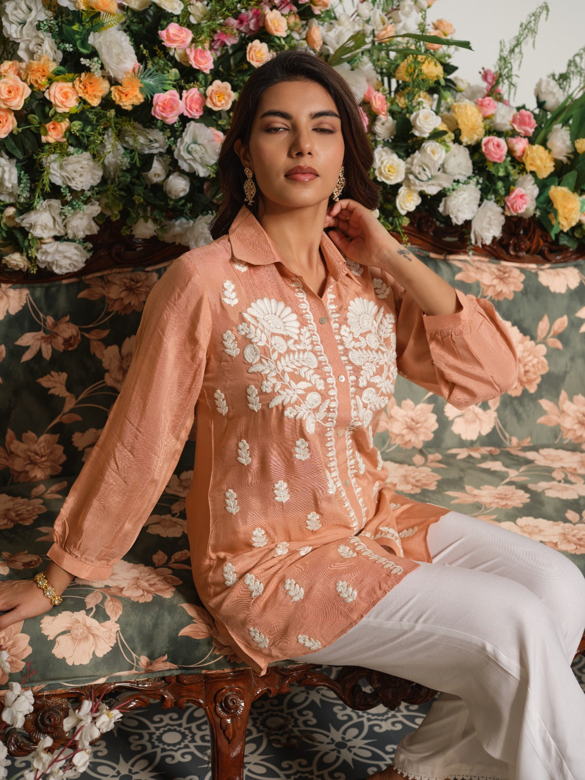 Pure softest muslin chikankari shirt in peach