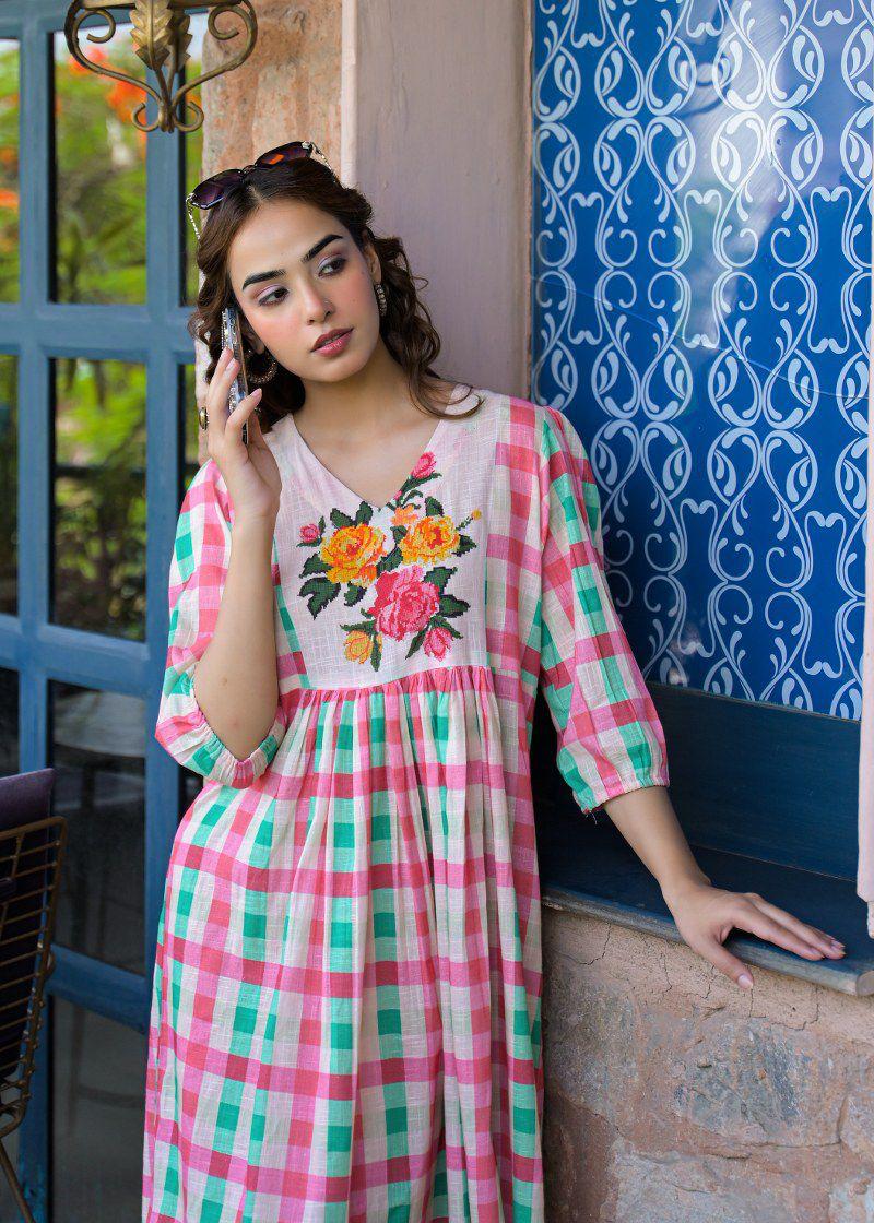 Pure Mul cotton chequered one piece in pink
