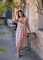 Pure Mul cotton chequered one piece in pink