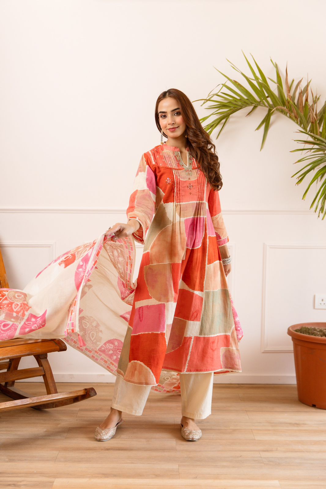 Premium linen cotton digital chequered full suit set
