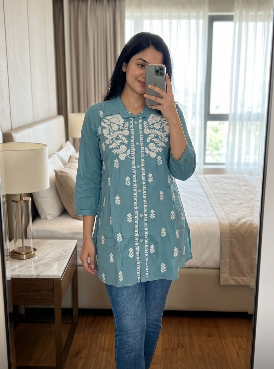 Pure softest muslin chikankari shirt in blue