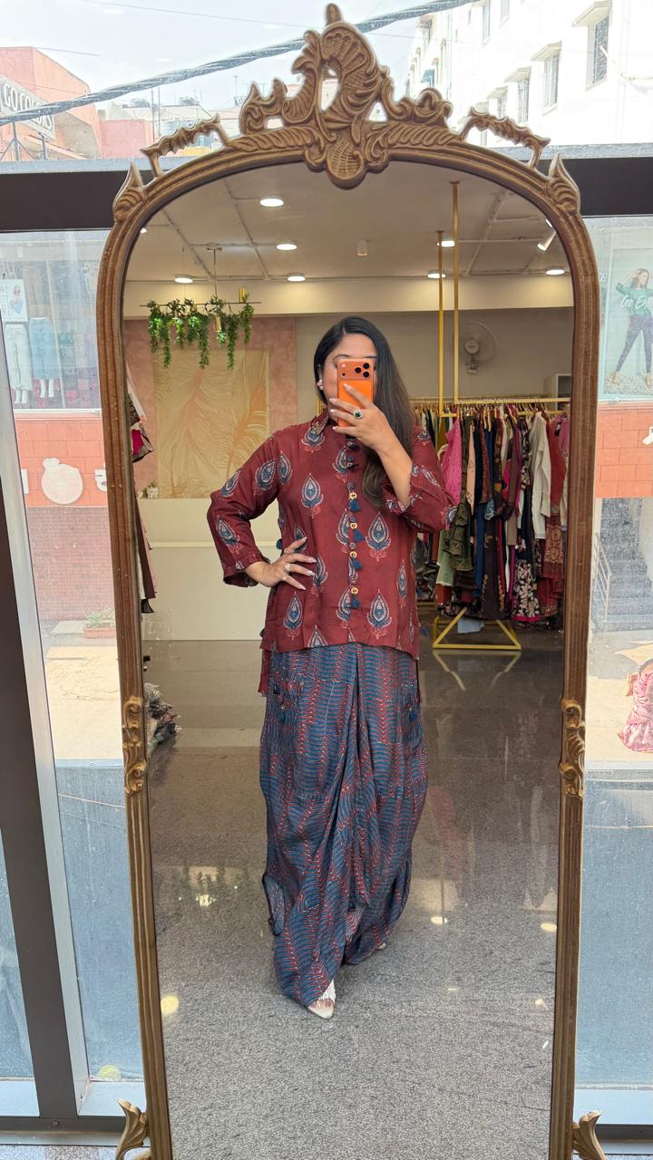 Designer cowl skirt paired with Mul silk red shirt in red