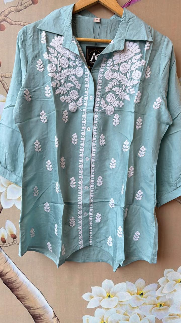 Pure softest muslin chikankari shirt in blue