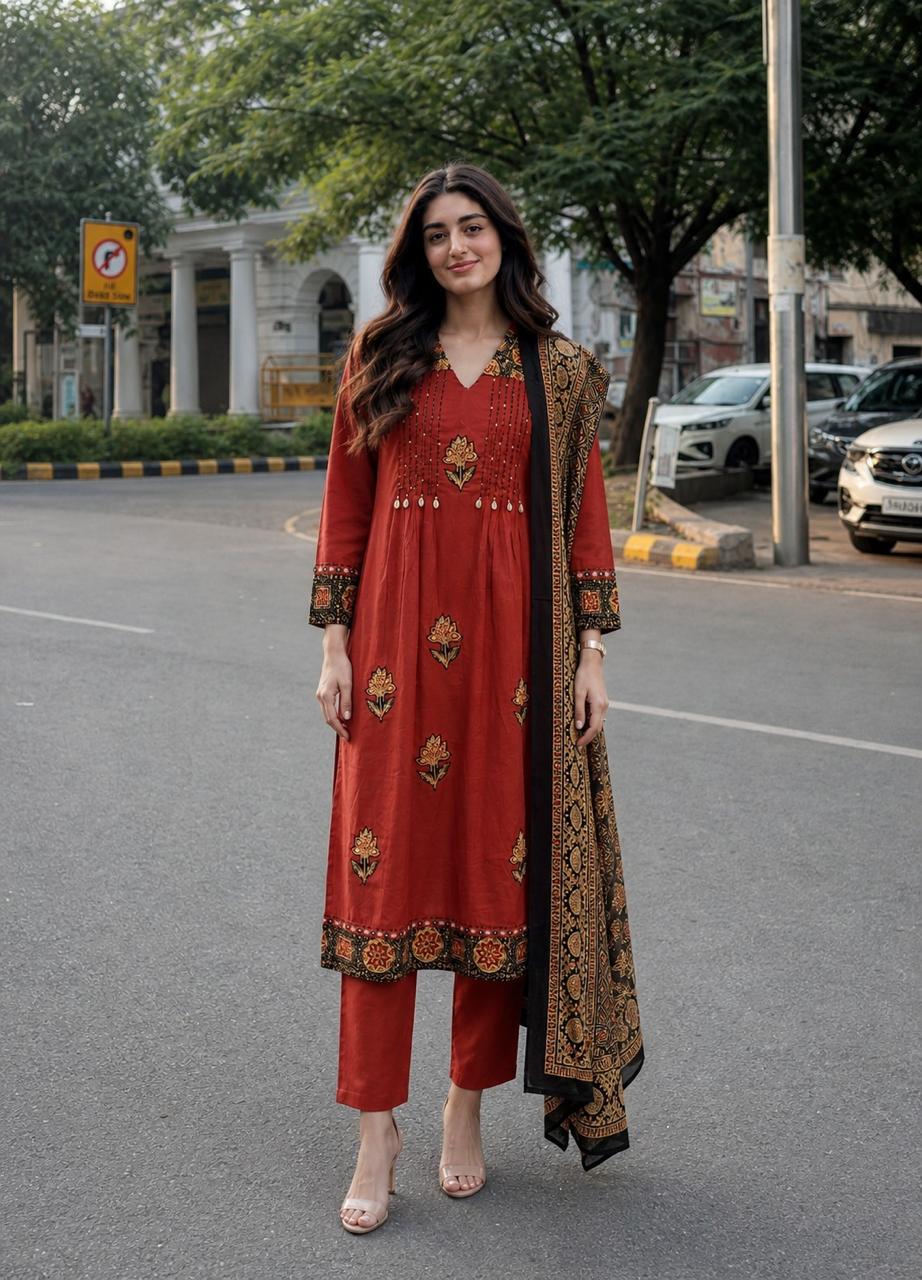 Ajrakh applique work cotton suit set
