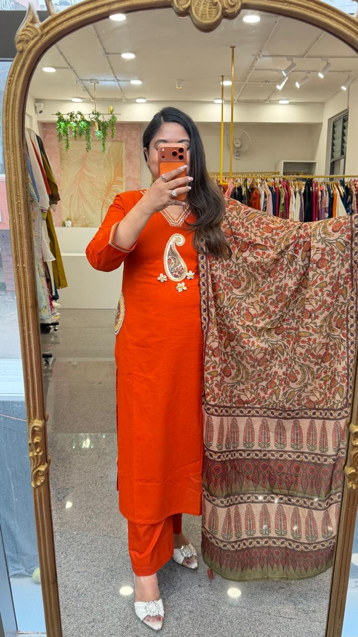 Super smart applique work with designer pockets suit in orange paired Kalamkari dupatta