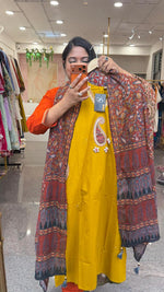 Super smart applique work with designer pockets suit in yellow paired Kalamkari dupatta