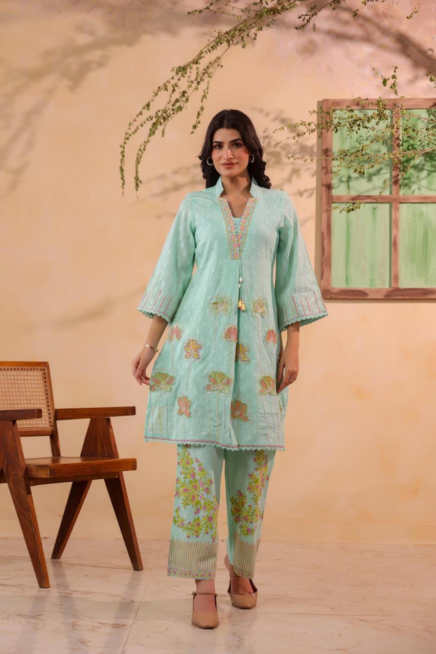 Super pretty cotton with applique work and digital printed pant