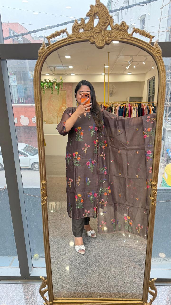 Linen chanderi with pretty floral githan work full suit set