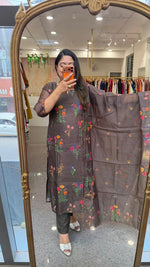 Linen chanderi with pretty floral githan work full suit set