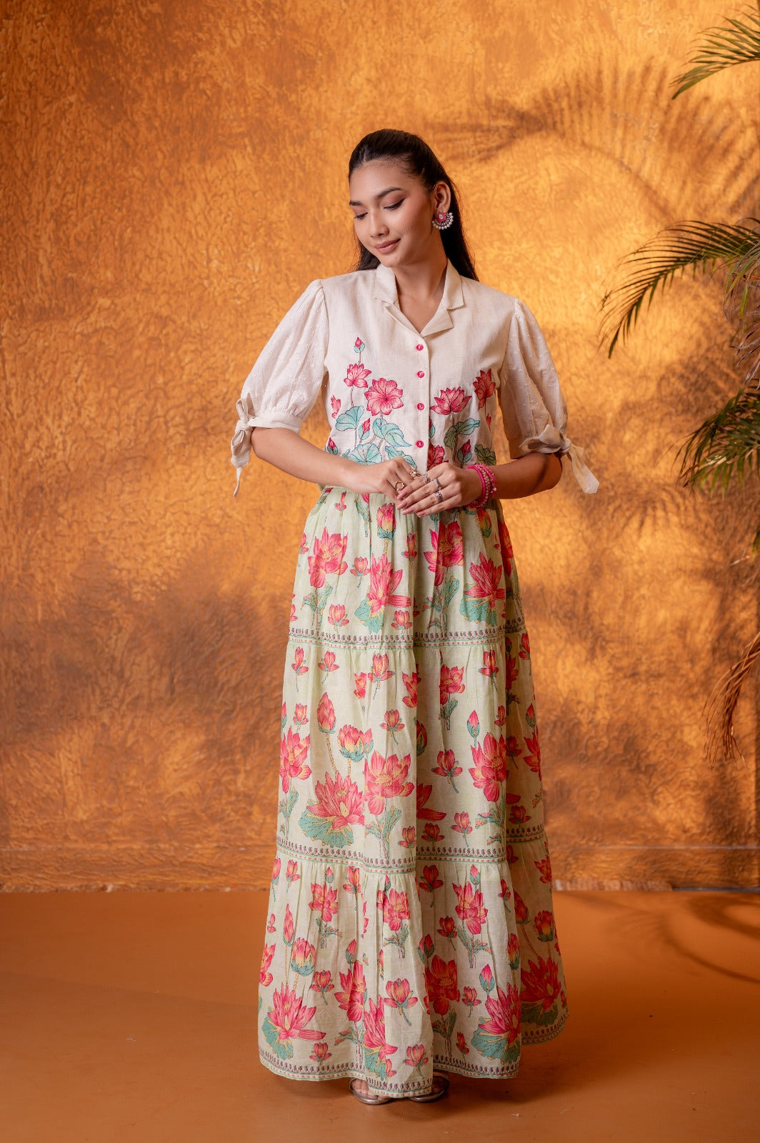 Pretty cotton embroidered shirt paired with Mul cotton skirt in green