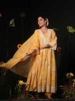 Super soft lace detailing yellow Mul cotton Anarkali suit set in yellow