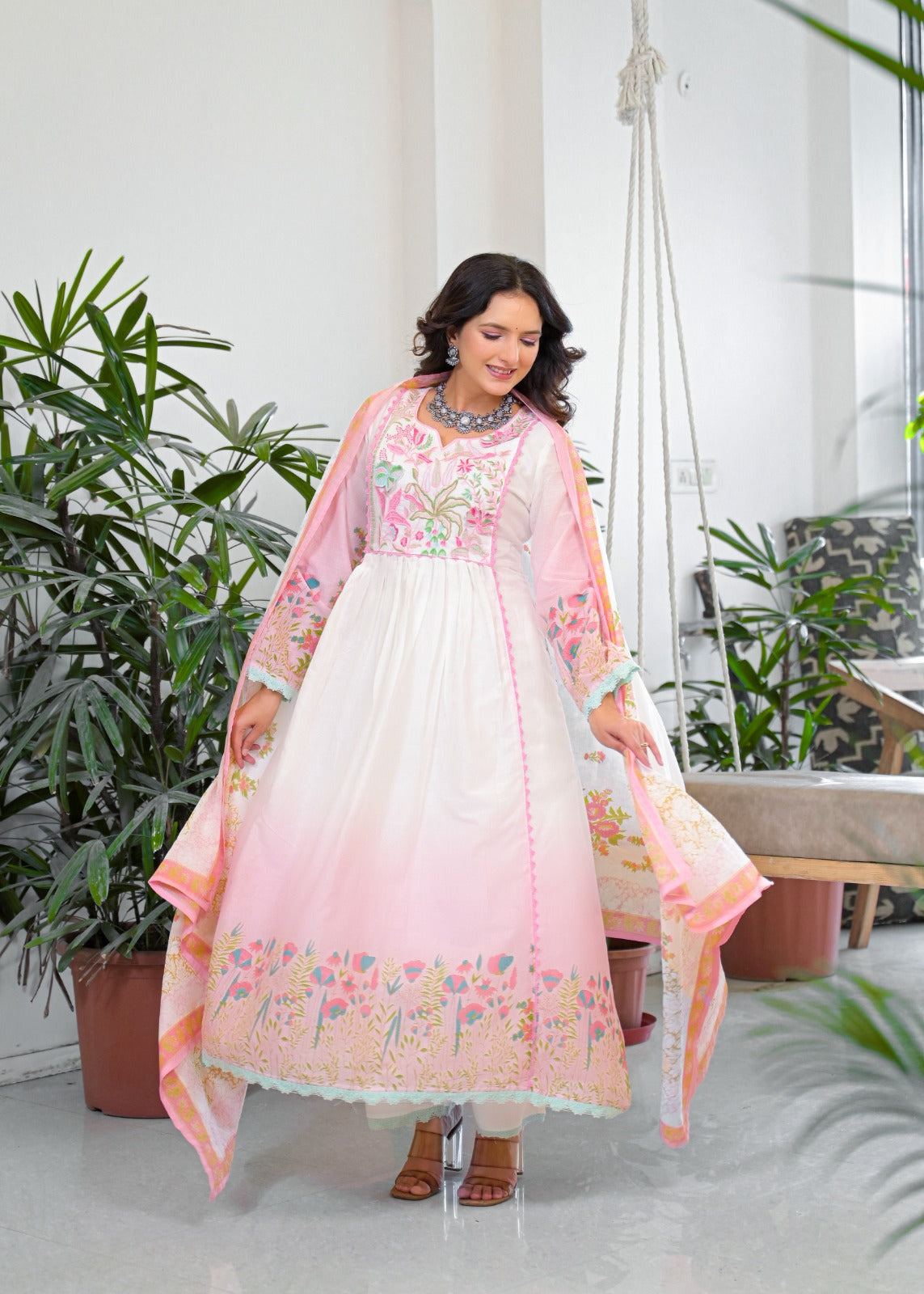 Super soft Mul cotton embroidered ombré Anarkali suit set in pink
