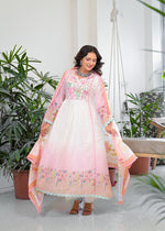 Super soft Mul cotton embroidered ombré Anarkali suit set in pink