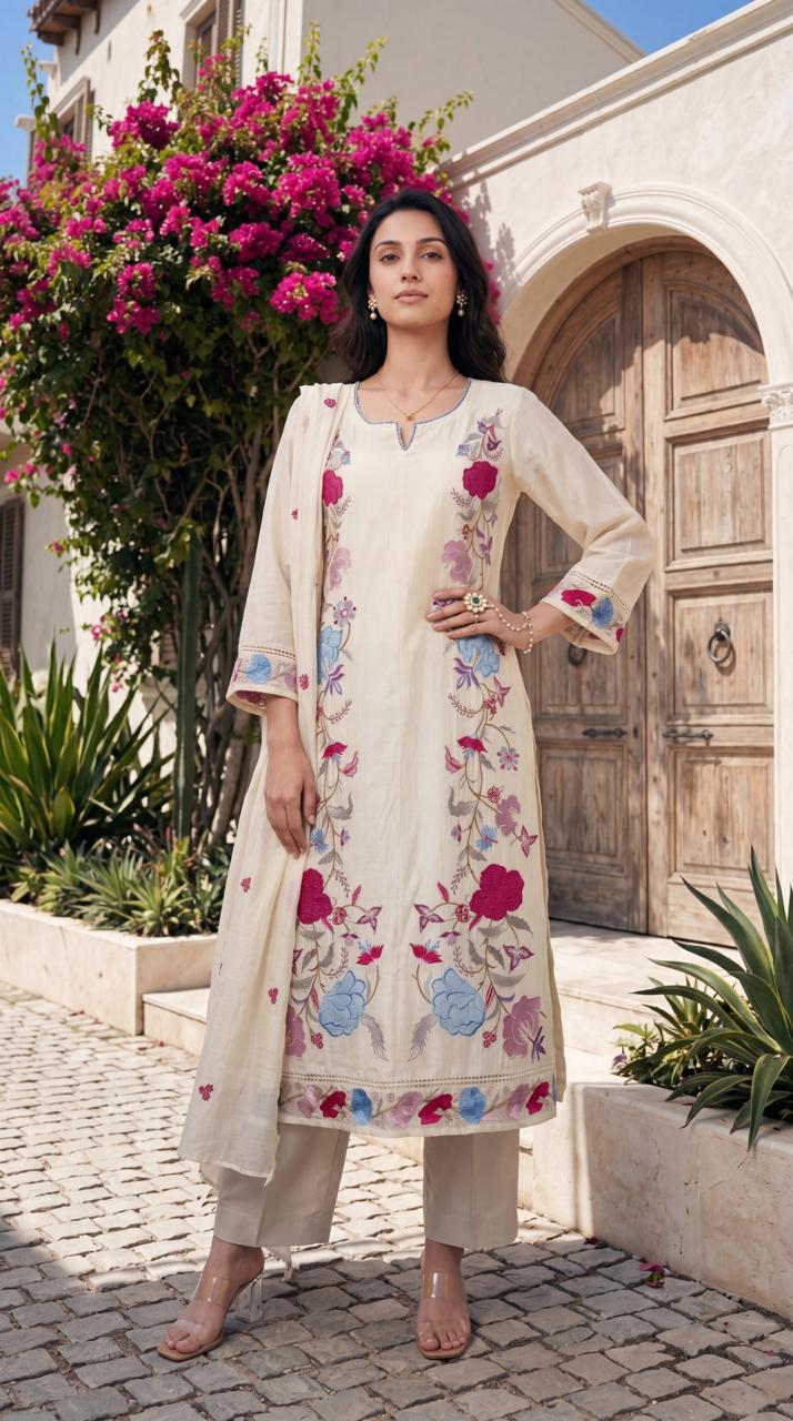 Mul cotton applique work full suit set