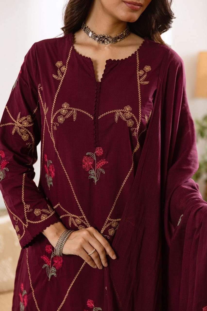 Pretty wine fully embroidered suit set