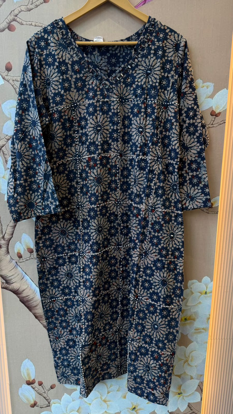 Premium katha stitch real mirror blue kurta