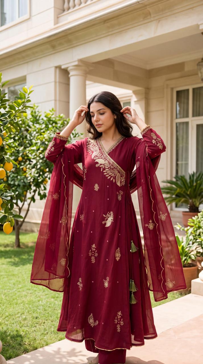 Crush Mul chanderi with lining and zari embroidered full suit set