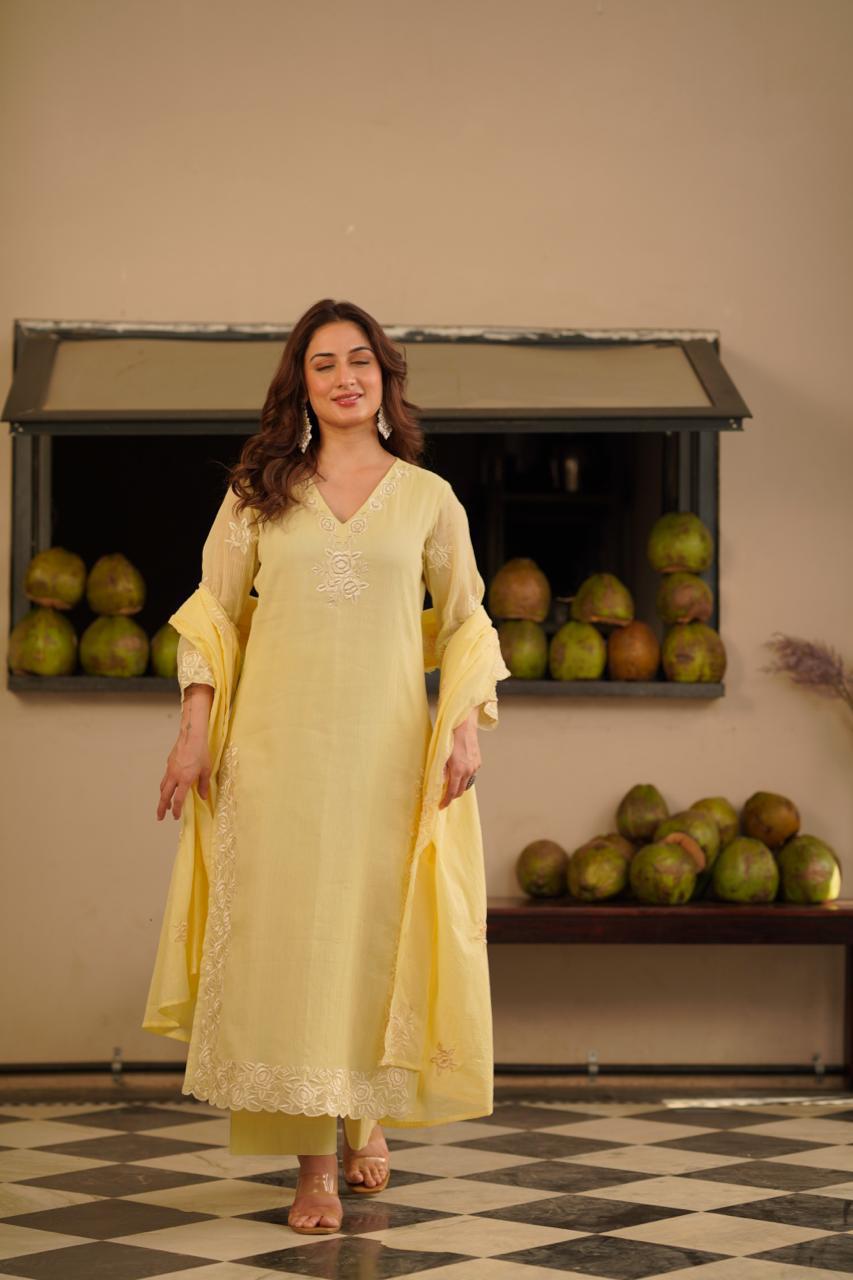 Embroidered crush cotton in yellowFull suit set