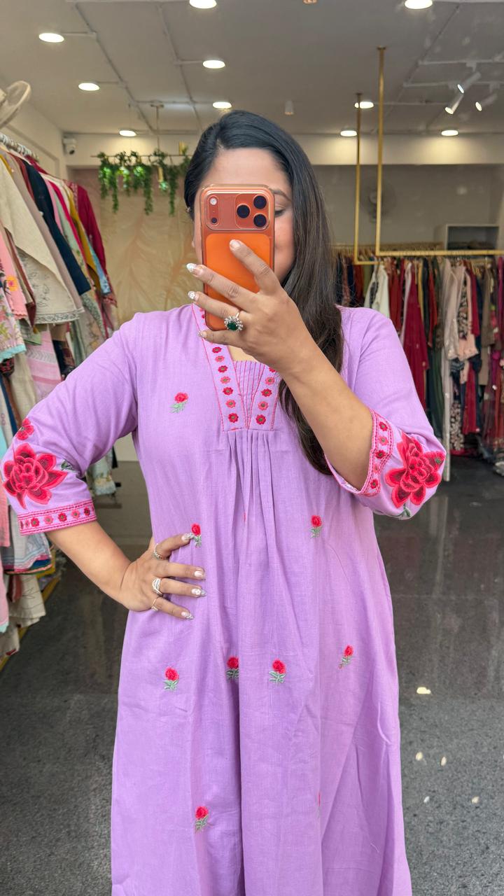 Pretty cotton fully embroidered kurta pant in purple