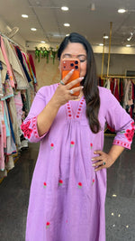 Pretty cotton fully embroidered kurta pant in purple