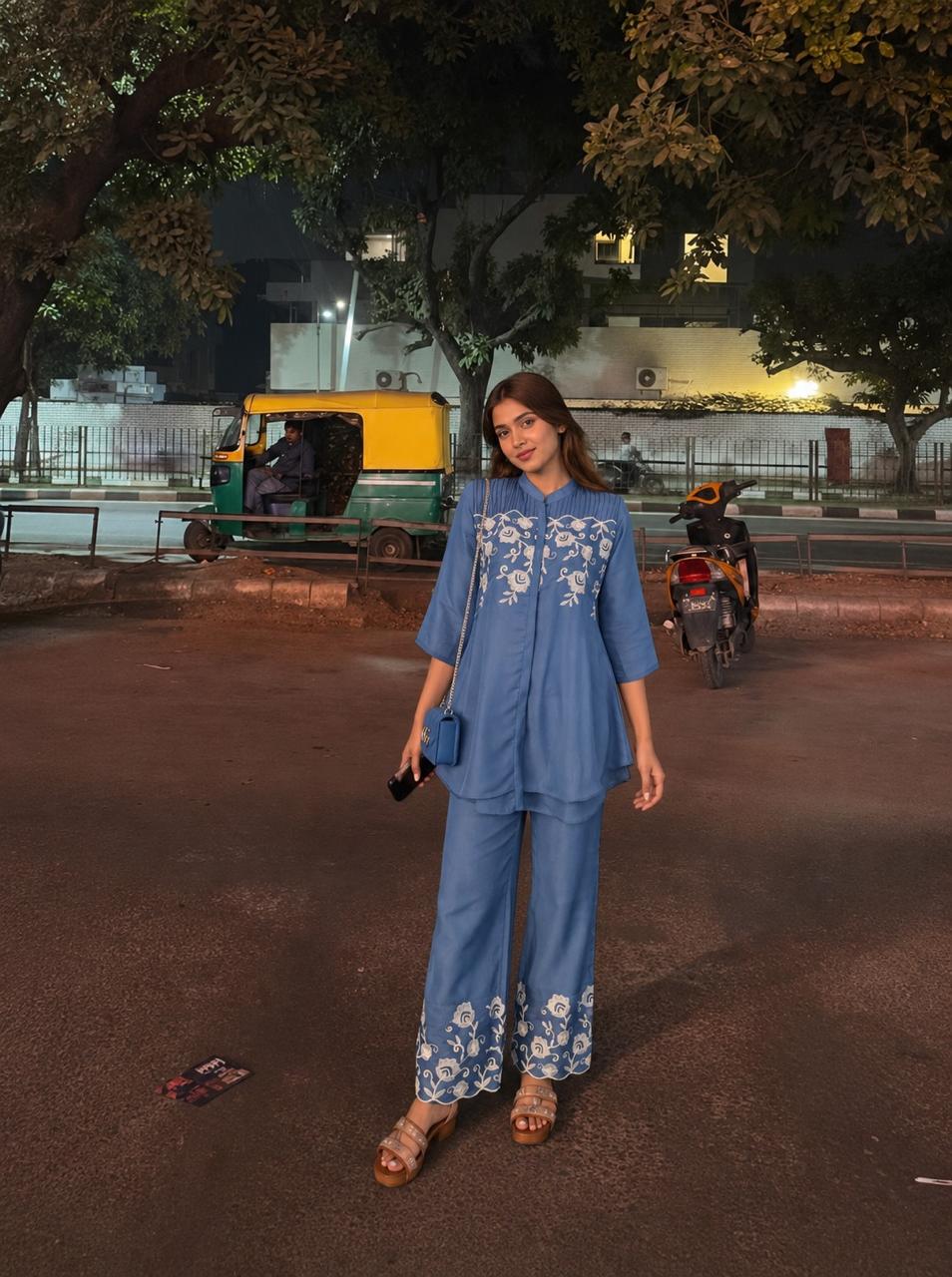Designer embroidered Mul chanderi co ord set in blue