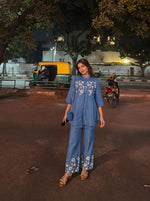 Designer embroidered Mul chanderi co ord set in blue