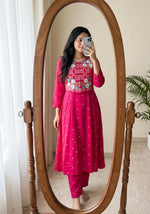 Mul chanderi with attached jacket co ord set in Rani pink