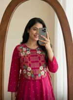 Mul chanderi with attached jacket co ord set in Rani pink