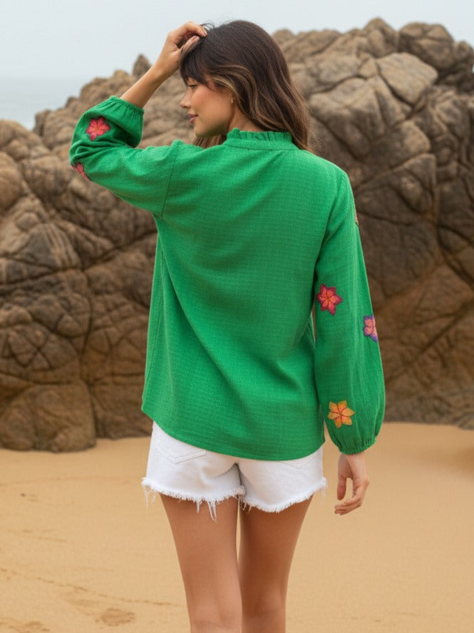 Super soft embroidered cotton top in green